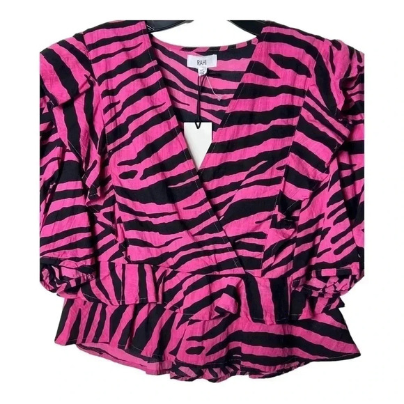 1404. ANTHROPOLOGIE RAHI SHORT PUFFER SLEEVES TOP XSMALL ZEBRA PRINT HOT PINK - Picture 6 of 11
